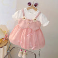 Girls Light Pink Flower Applique Mock Vest Balloon Dress Casual Dresses Light Pink 1-2 Y