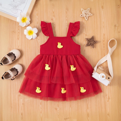 Girls Red Duck Applique Sleeveless Layered Dress Casual Dresses Red 1-2 Y