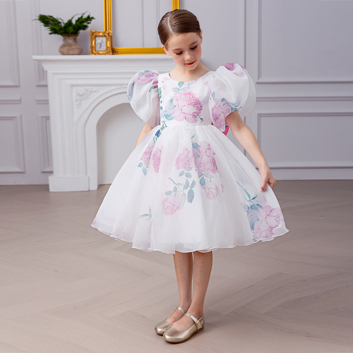 Girls White Floral Printed Knee Length Party Dress with Statement Back Bow Party Dresses
