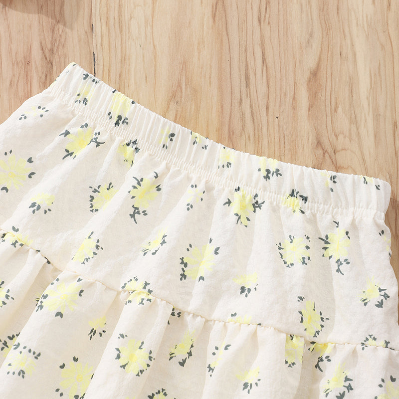 Girls Apricot Floral Printed Short Sleeves Top With Tiered Skirt Set 2 pc. Sets