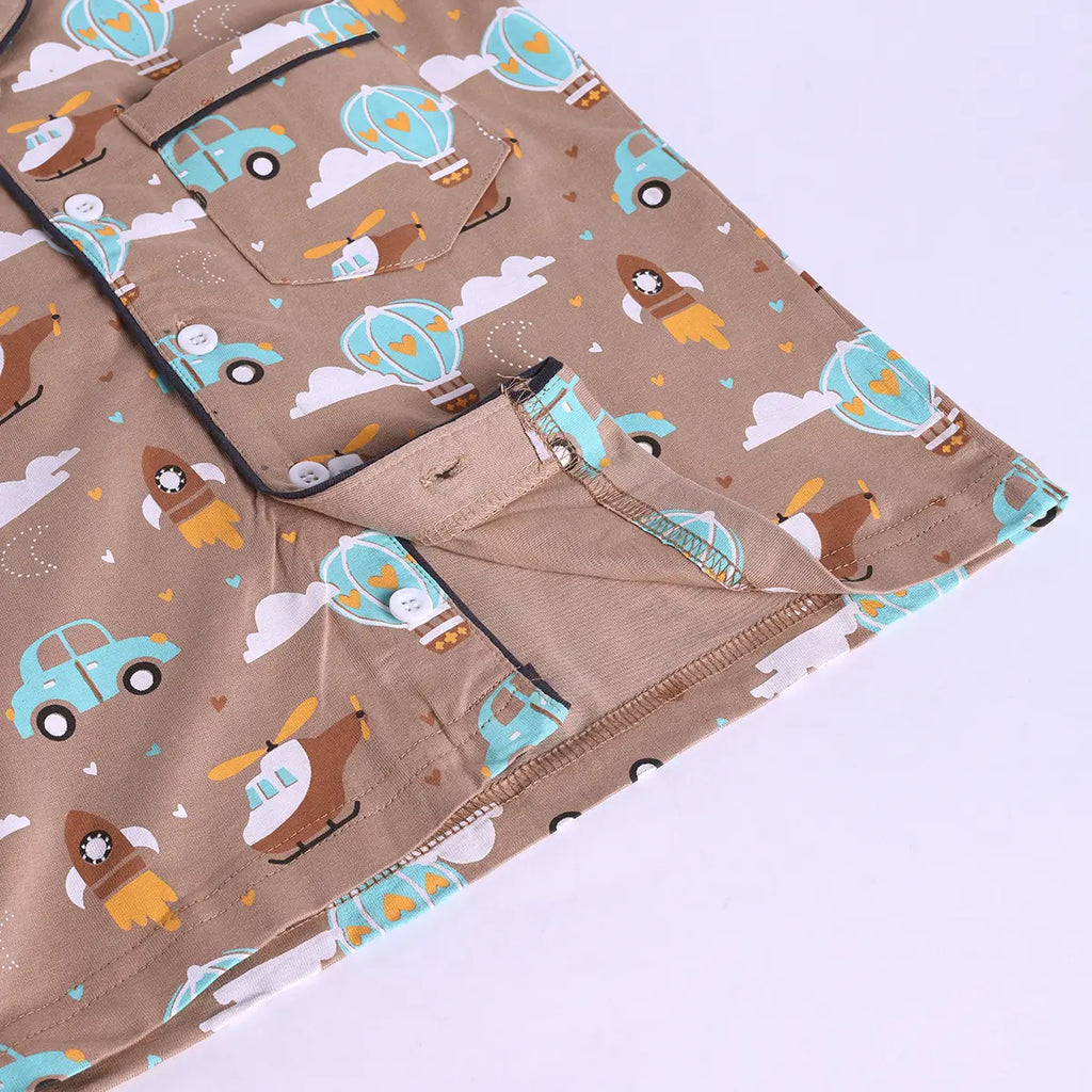 Girls Brown Hot Air Balloon Print Short Sleeve Shirt With Elasticated Pants Sets Sets