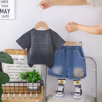 Boys Dark Grey Letter G Printed T-Shirt With Denim Shorts Set Sets