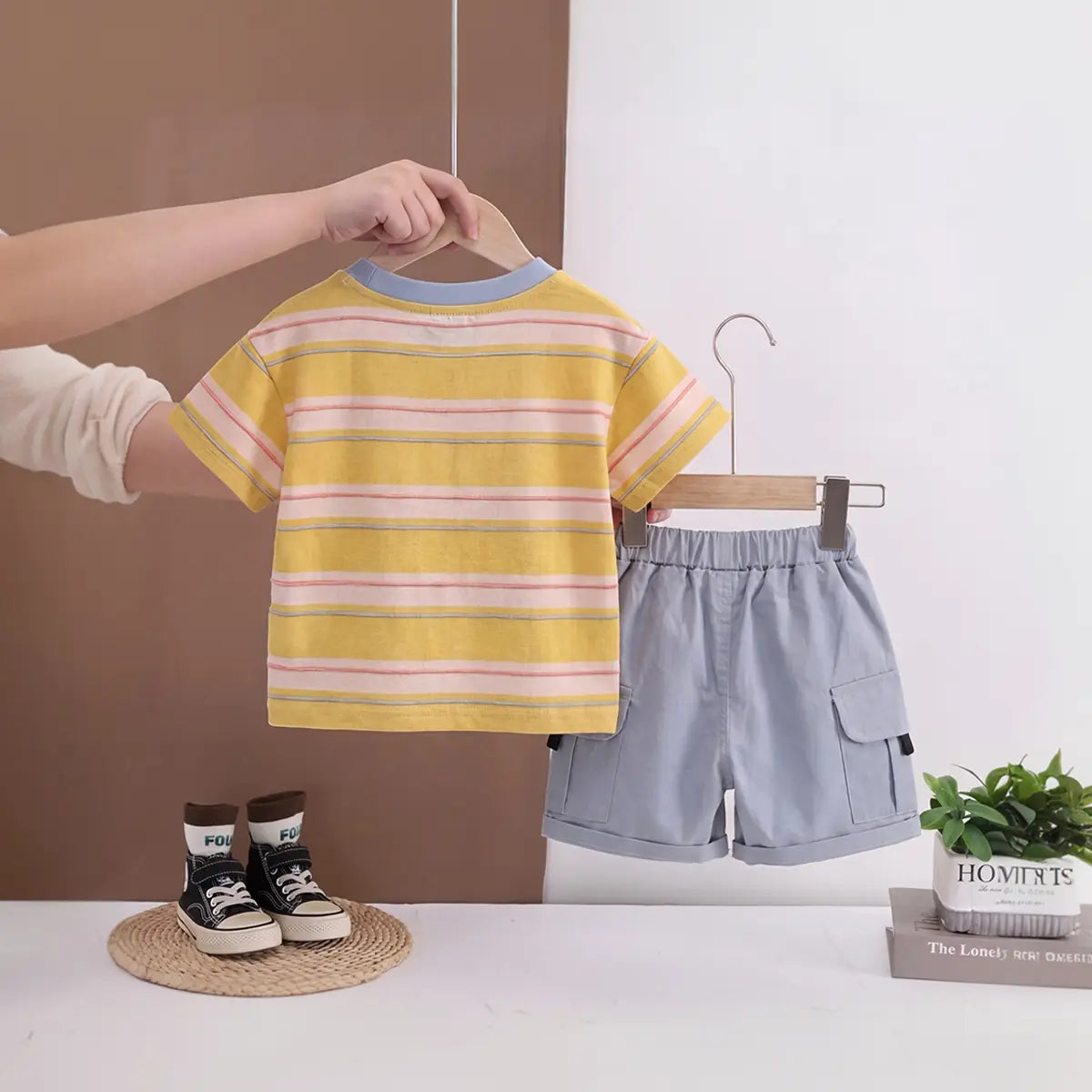 Boys Yellow Bear Pocket Striped T-Shirt With Cargo Shorts Sets 2 pc. Sets
