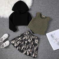Girls Black Camouflage Printed Skirt With Sleeve T-Shirt & Sweatshirt Sets 3 pc. Sets Black 3-4 Y