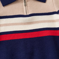 Boys Multicolor Half Zipper Polo Sweater With Self-Design Stripe Patterns Sweaters & Cardigans