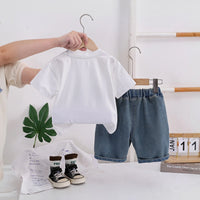 Boys White Bear Motif Short Sleeve T-Shirt With Denim Shorts Sets 2 pc. Sets
