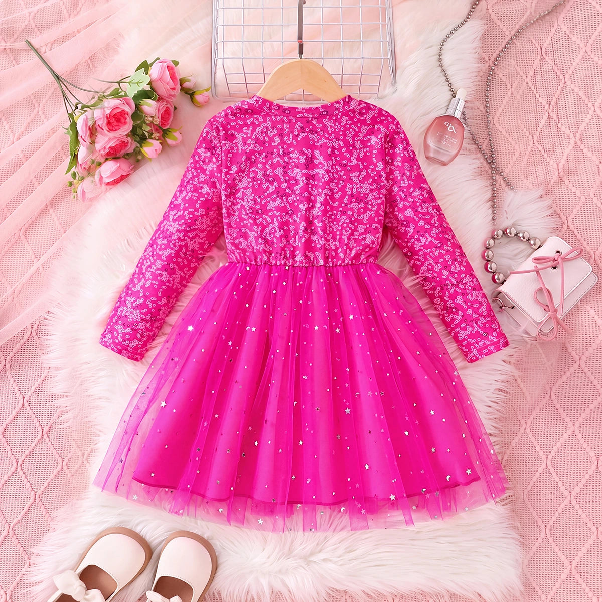 Girls Fuchsia Typography Print Round Neck Fit & Flare Dress Casual Dresses