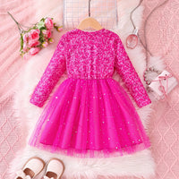 Girls Fuchsia Typography Print Round Neck Fit & Flare Dress Casual Dresses