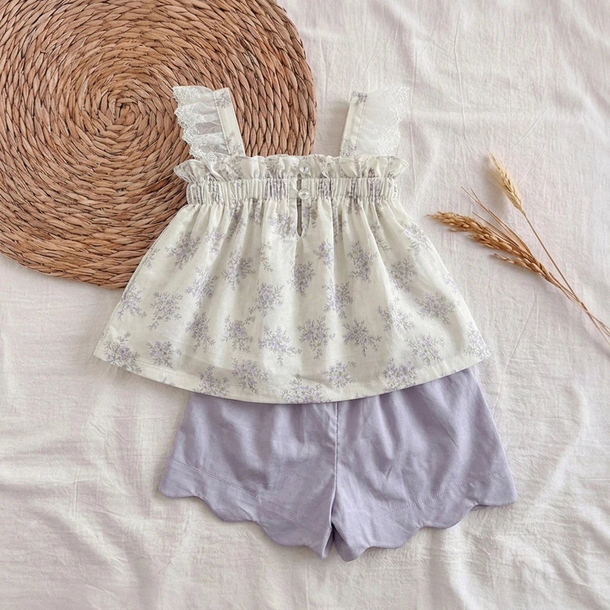 Girls Cream Floral Print Sleeveless Top With Shorts Sets 2 pc. Sets
