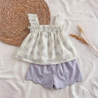 Girls Cream Floral Print Sleeveless Top With Shorts Sets 2 pc. Sets