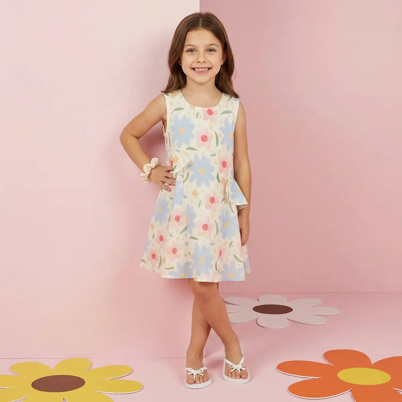 Girls Light Blue Floral Print Sleeveless Fit & Flare Dress Casual Dresses