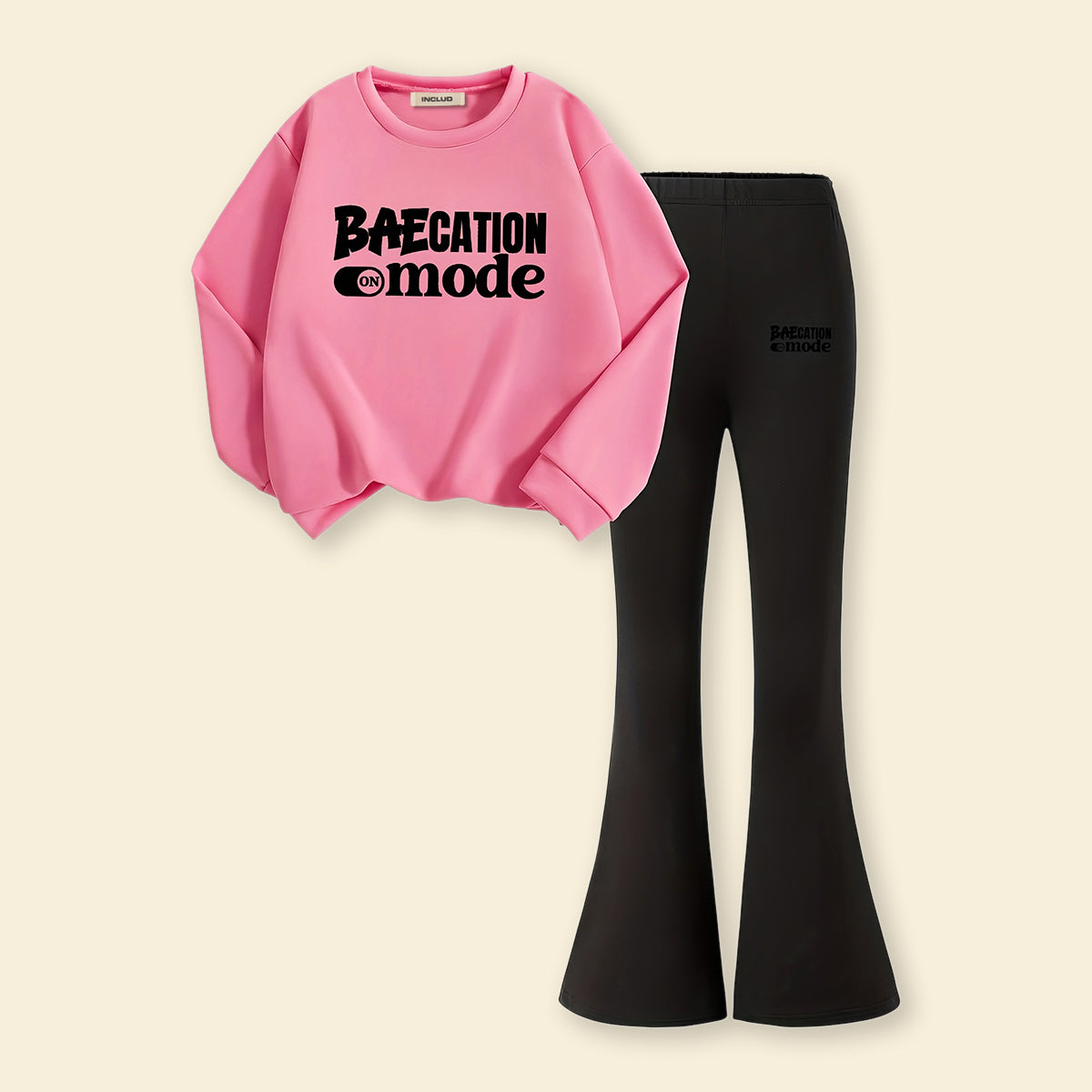 Girls Pink Typographic Printed Sweatshirt With Flared Pants Sets 2 pc. Sets Pink 7-8 Y