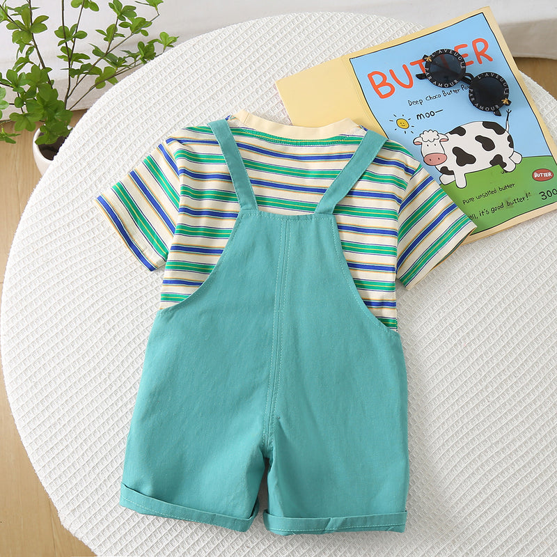 Boys Teal Striped T-shirt with Puppy Patch Dungaree Set Sets