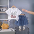 Girls White Cherry Bow Embellished T-Shirt With Denim Shorts Sets 2 pc. Sets White 1-2 Y