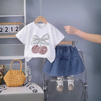 Girls White Cherry Bow Embellished T-Shirt With Denim Shorts Sets 2 pc. Sets White 1-2 Y