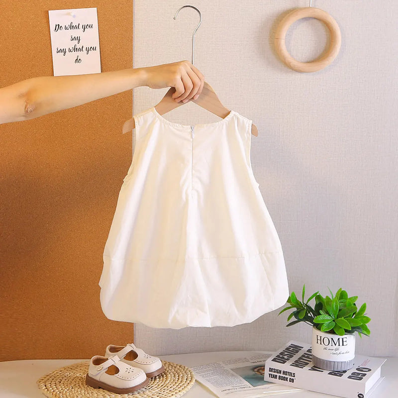 Girls Off White Flowers Applique Sleeveless Balloon Dress Casual Dresses