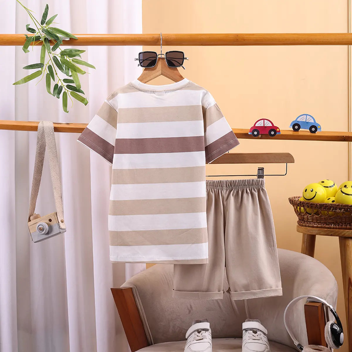 Boys Khaki Stripes And Graphic Print T-Shirt With Elasticated Shorts Sets 2 pc. Sets