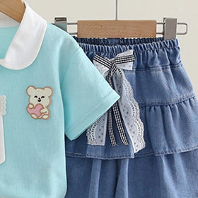 Girls Light Blue Bear Patch Embroidered Polo Top With Ruffle Denim Shorts Set Sets
