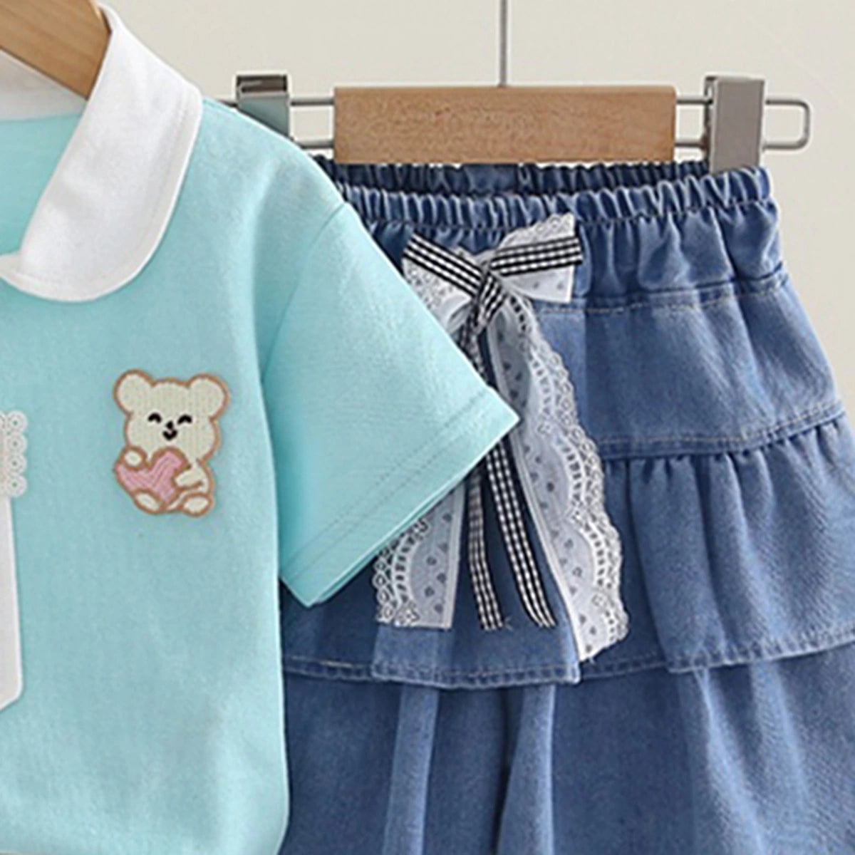 Girls Light Blue Bear Patch Embroidered Polo Top With Ruffle Denim Shorts Set Sets