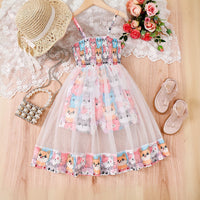 Girls Multicolor Cat Print Smocked Fit & Flare Dress Casual Dresses
