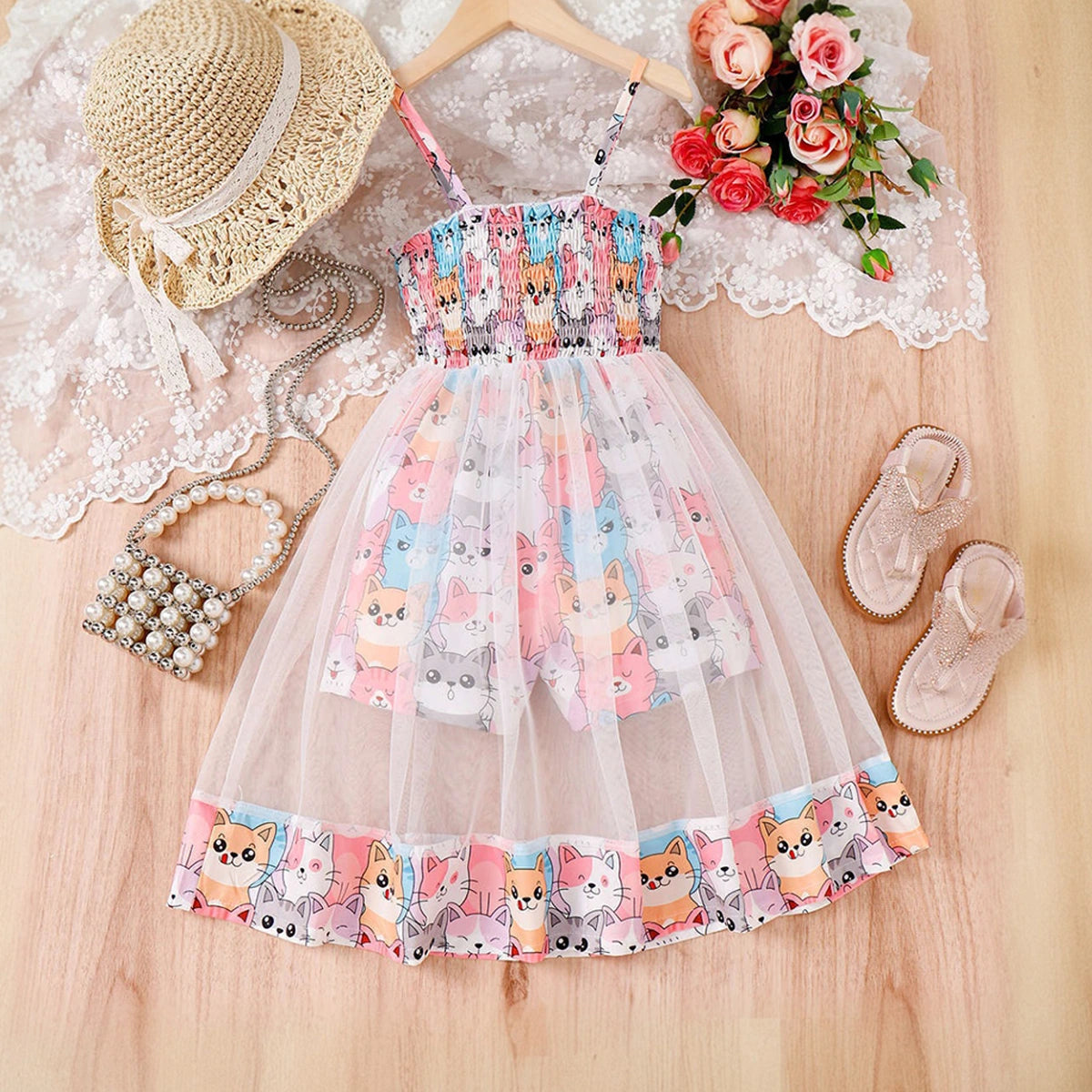 Girls Multicolor Cat Print Smocked Fit & Flare Dress Casual Dresses