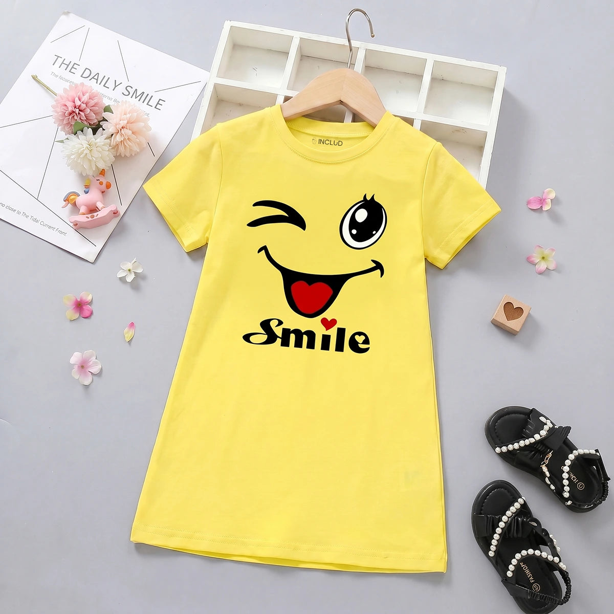 Girls Yellow Smile Print Short Sleeve T-Shirt Dress Casual Dresses Yellow 4-5 Y
