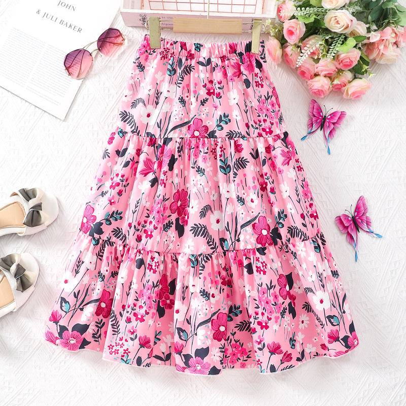 Girls Pink Floral Printed Long Elasticated Skirt Skirts