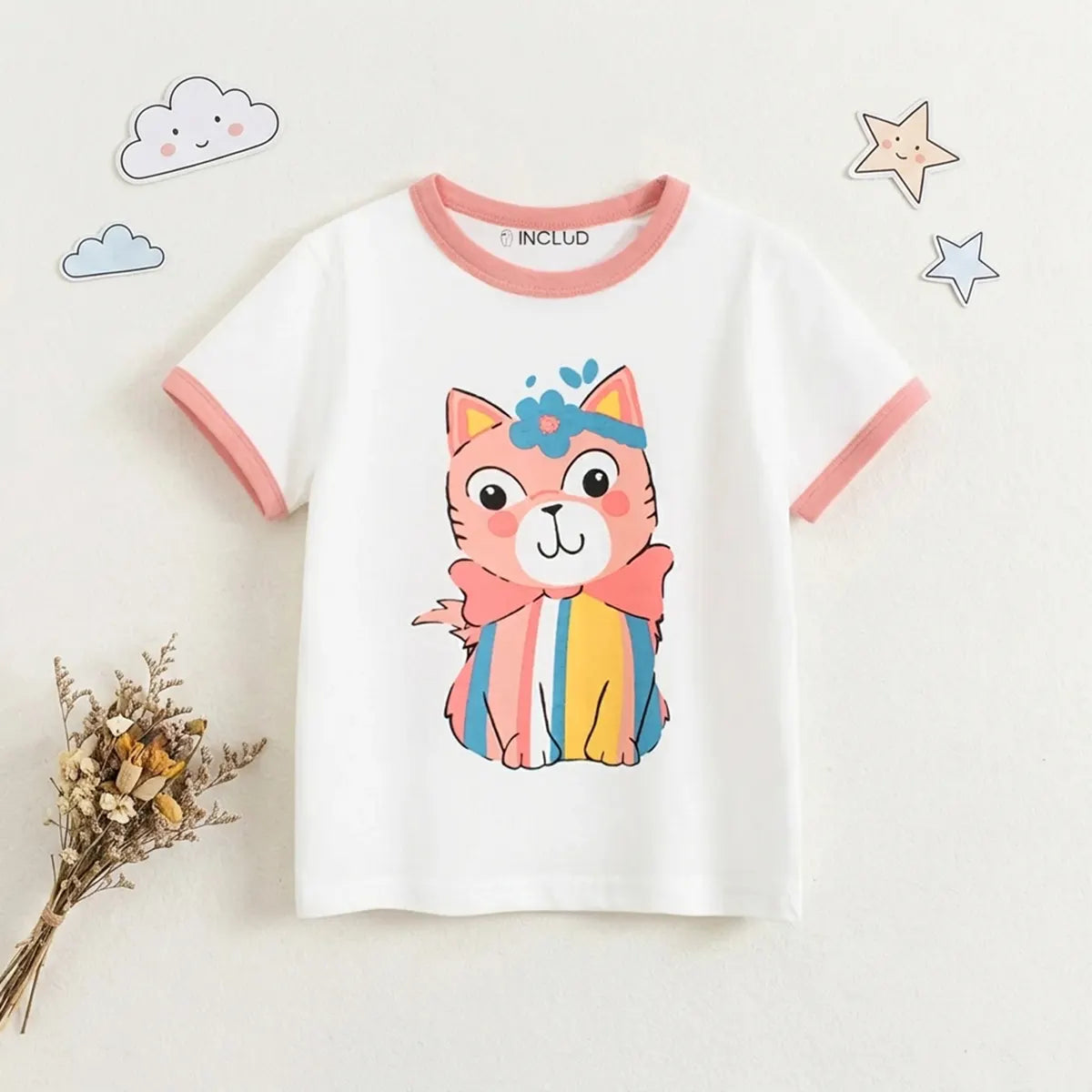 Girls White Cat Graphic Short Sleeve T-Shirt Tshirts White 1-2 Y