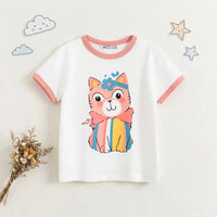 Girls White Cat Graphic Short Sleeve T-Shirt Tshirts White 1-2 Y