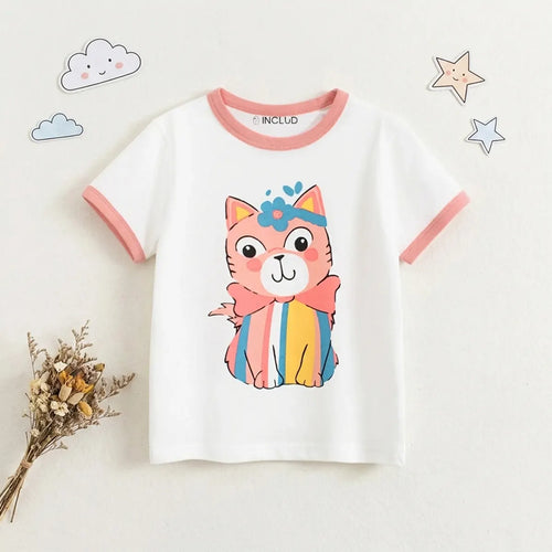 Girls White Cat Graphic Short Sleeve T-Shirt Tshirts White 1-2 Y