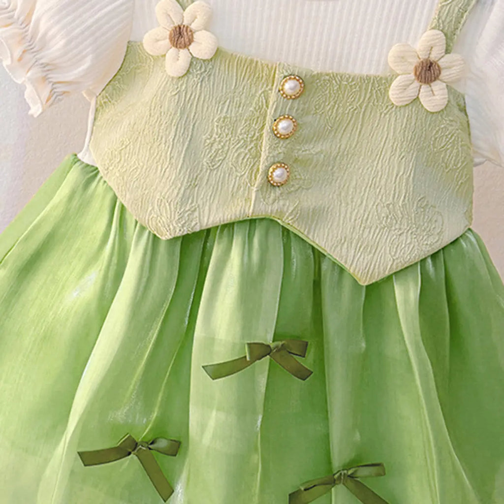 Girls Green Flower Applique Mock Vest Balloon Dress Casual Dresses