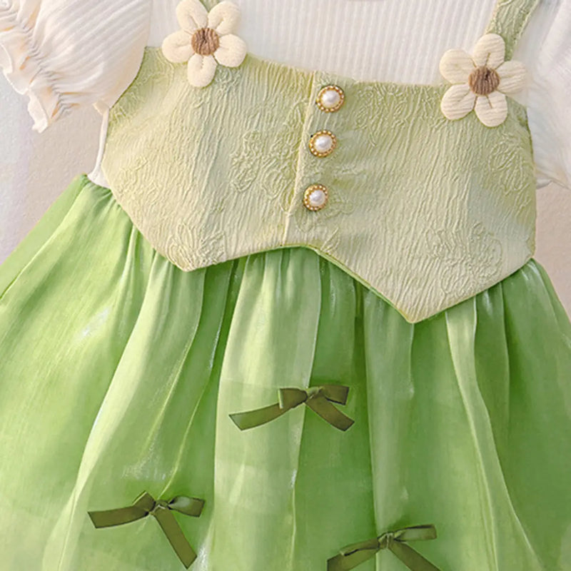 Girls Green Flower Applique Mock Vest Balloon Dress Casual Dresses
