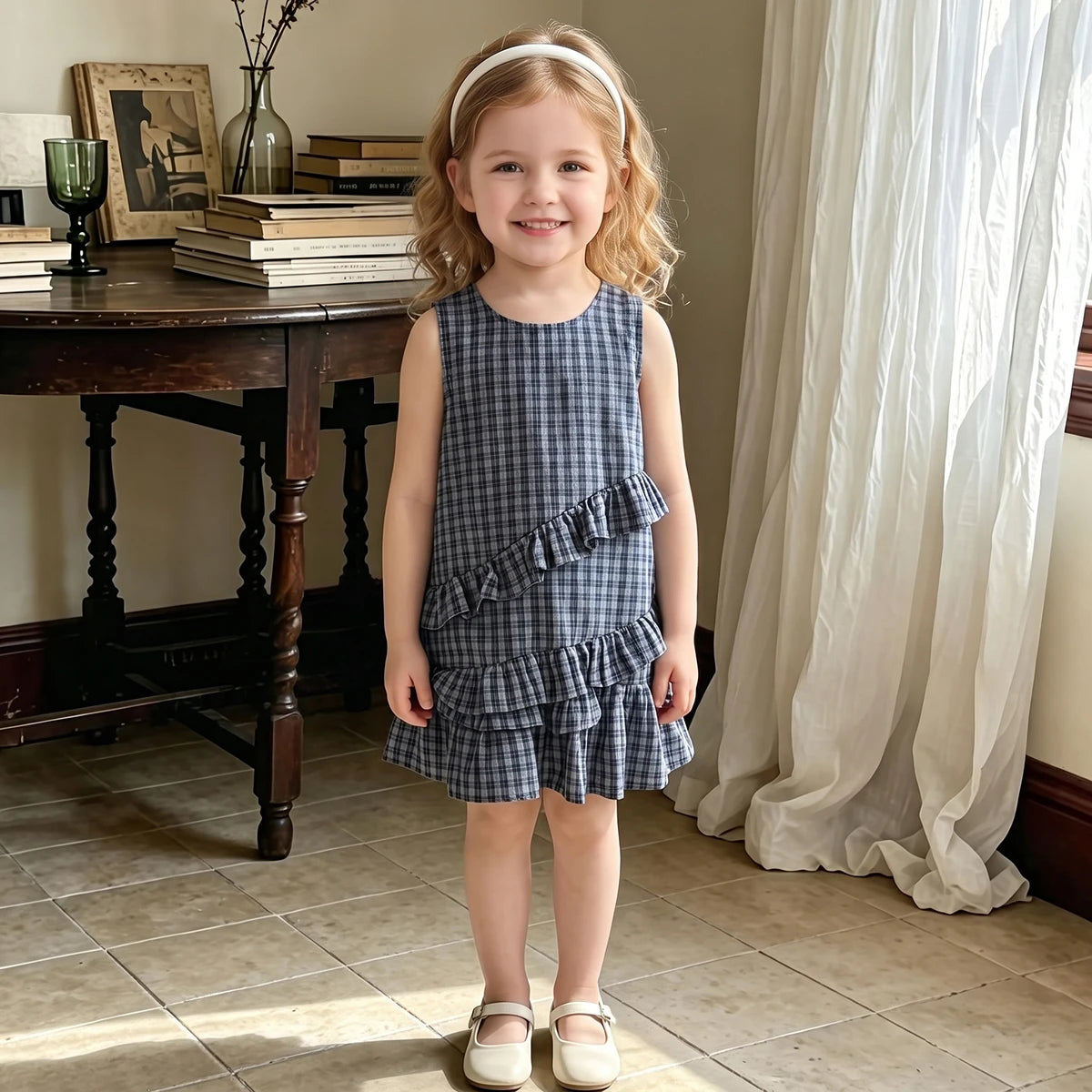 Girls Navy Blue Checked Sleeveless A-line Dress Casual Dresses