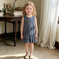 Girls Navy Blue Checked Sleeveless A-line Dress Casual Dresses