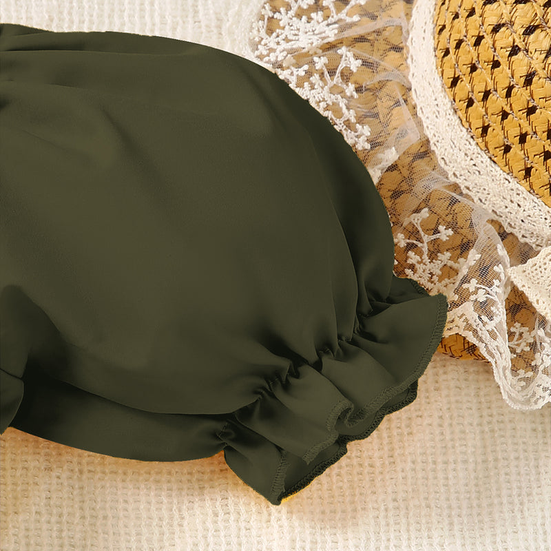 Girls Army Green Square Neck Short Sleeve Cross Waist Dress Casual Dresses