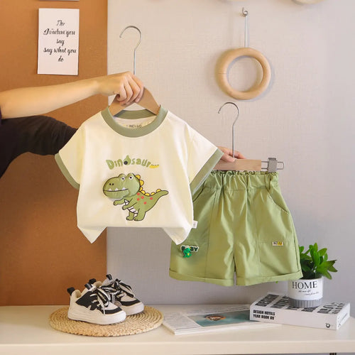 Boys Green Dinosaur Printed T-Shirt With Shorts Sets Sets Green 1-2 Y
