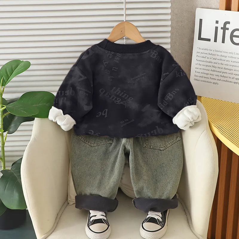 Boys Black Typographic Regular Sweatshirt With Denim Trousers Sets 2 pc. Sets