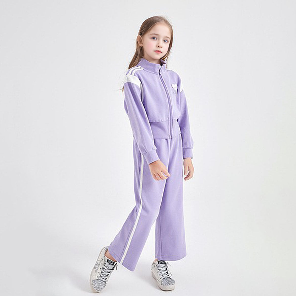 Girls Purple Heart Embroidered Front Zipper Jacket With Pants Winter Set 2 pc. Sets Purple 5-6 Y