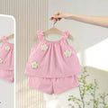 Girls Pink Flower Applique Ruffle Top With Elasticated Shorts Sets 2 pc. Sets Pink 1-2 Y