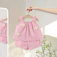 Girls Pink Flower Applique Ruffle Top With Elasticated Shorts Sets 2 pc. Sets Pink 1-2 Y