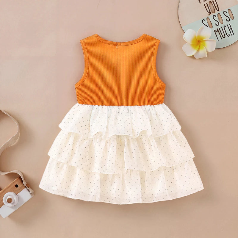 Girls Orange Polka Dot Print Fit & Flare Dress With Mushroom Applique Casual Dresses