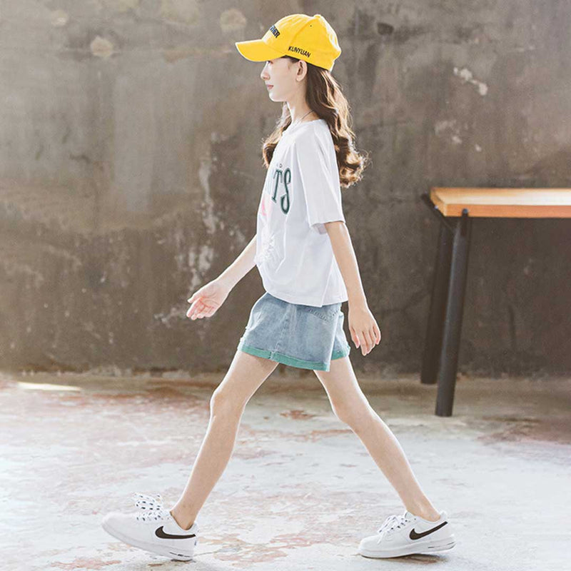 Girls Short Sleeve Print Graphic T-Shirt With Denim Shorts Set 2 pc. Sets   