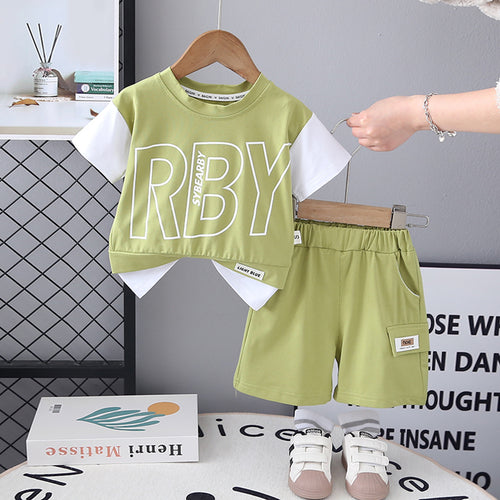 Boys Green Colorblocked Typographic Printed T-Shirt With Shorts Set 2 pc. Sets Green 1-2 Y