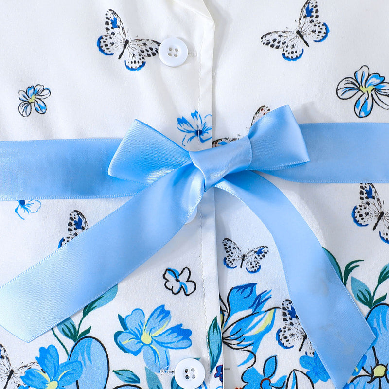 Girls Sky Blue Butterfly Printed Waistcoat Top & Hat With Crop Top & Shorts Summer Set Sets