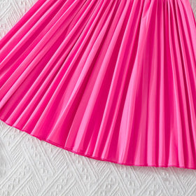 Girls Pink Flower Applique Short Sleeves Top With Pleated Skirts Co-ord Sets Sets