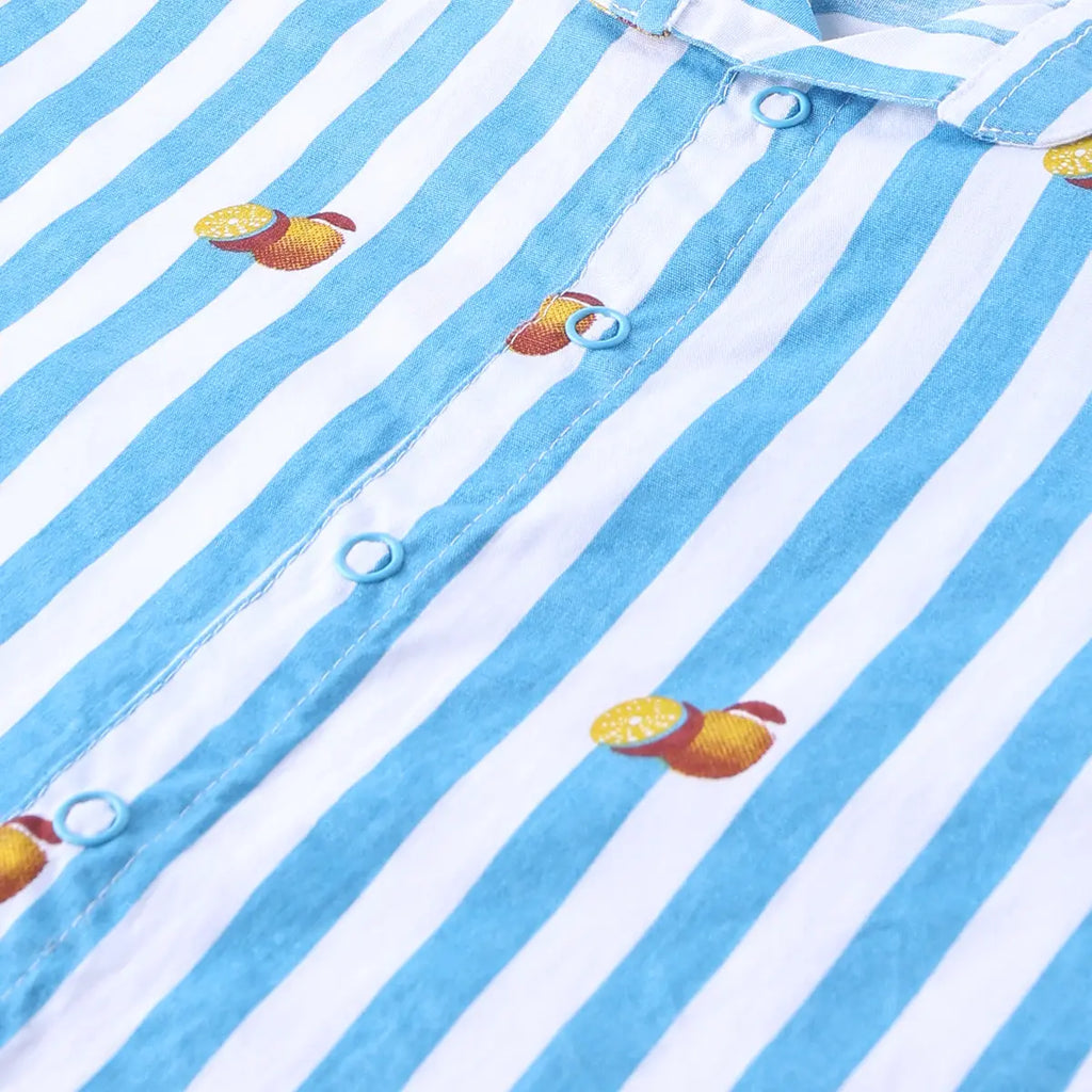 Boys Turquoise Striped Short Sleeves Shirt With Elasticated Shorts Sets Sets