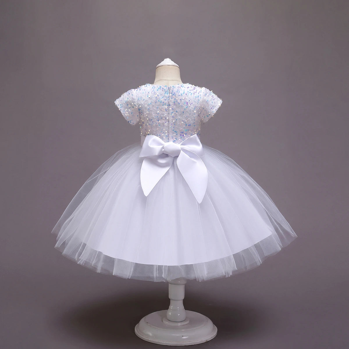 Girls White Puff Sleeve Sequins Embellished Fit & Flare Party Wear Dress Party Dresses