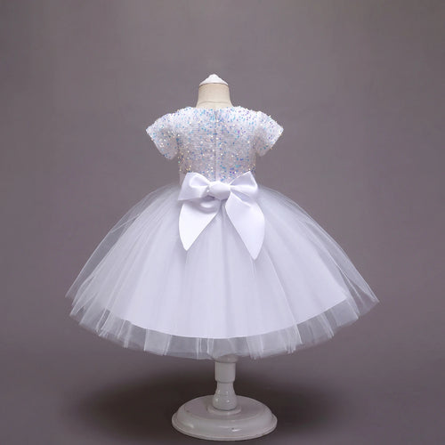 Girls White Puff Sleeve Sequins Embellished Fit & Flare Party Wear Dress Party Dresses