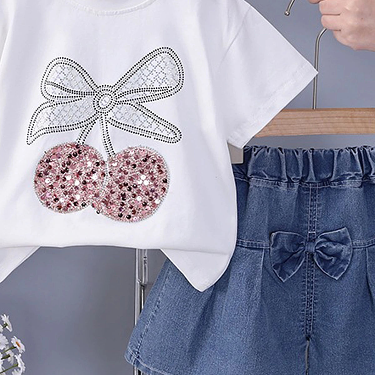 Girls White Cherry Bow Embellished T-Shirt With Denim Shorts Sets 2 pc. Sets