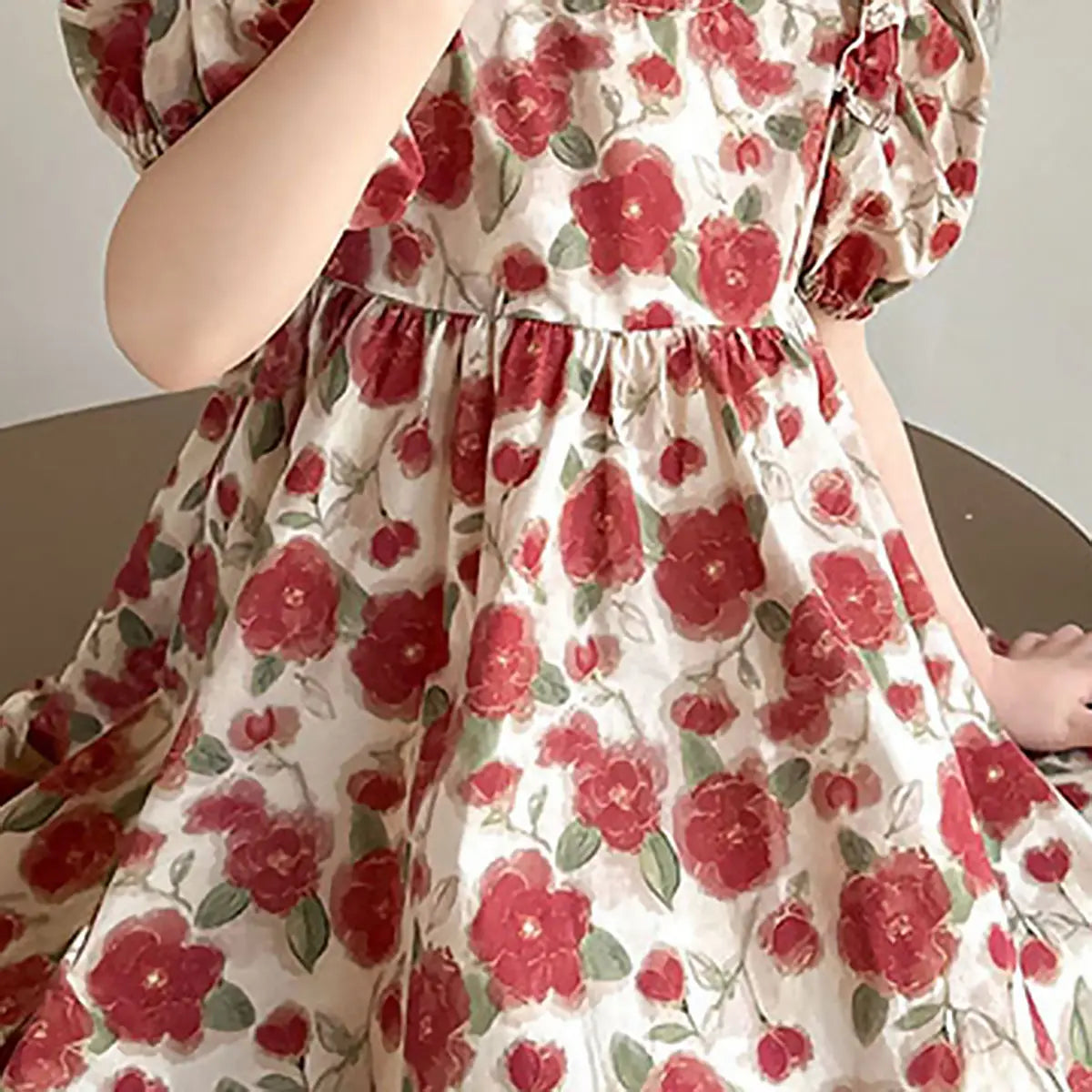 Girls Red Floral Print Fit And Flare Dress With Back Bow Details Casual Dresses